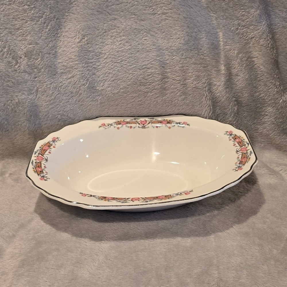 Vintage Lido WS George Oval Serving Bowl Scallope Edge Pink Floral Scroll 10.25"
